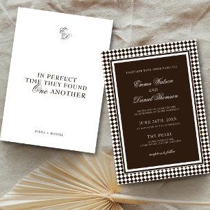Chocolate Brown Harlequin Border Romantic Wedding Invitation