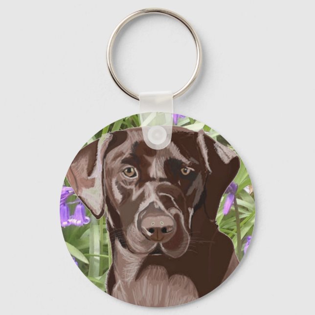 Chocolate Brown Labrador against Bluebells Keychain (Front)