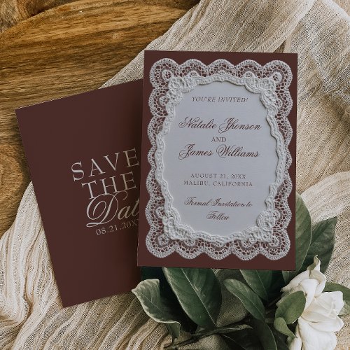 Chocolate Brown Lace Doily Old Money Wedding Save The Date