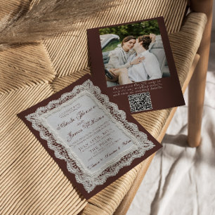 Chocolate Brown Lace Doily Photo QR Code Wedding Invitation