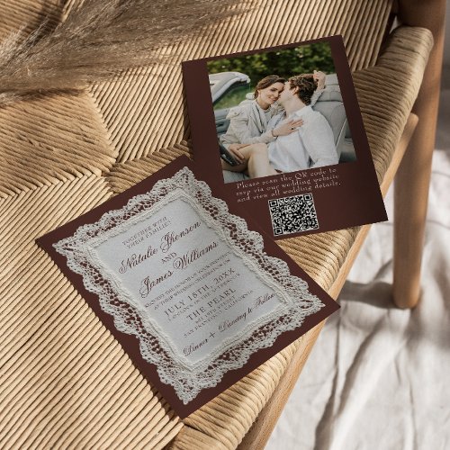 Chocolate Brown Lace Doily Photo QR Code Wedding Invitation