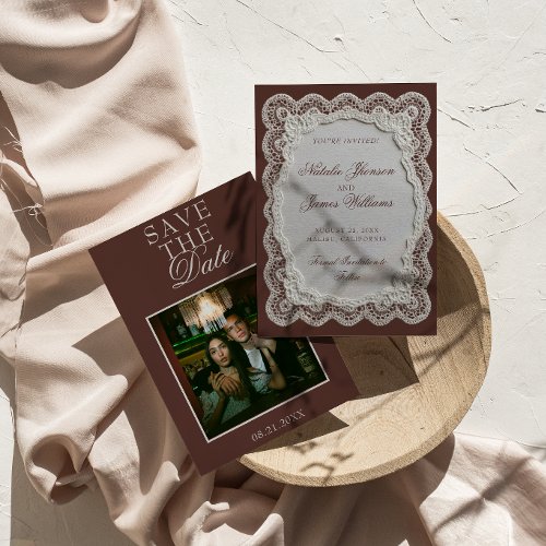 Chocolate Brown Lace Old Money Photo Wedding Save The Date