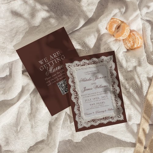 Chocolate Brown Lace Old Money QR Code Wedding Invitation