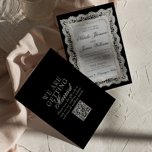 Chocolate Brown Lace Old Money QR Code Wedding Invitation