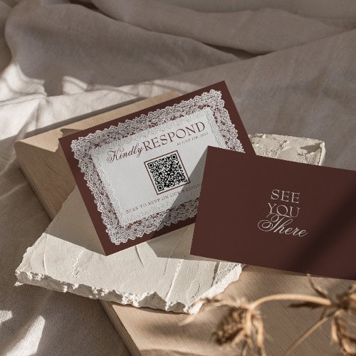 Chocolate Brown Lace Old Money QR Code Wedding RSVP Card