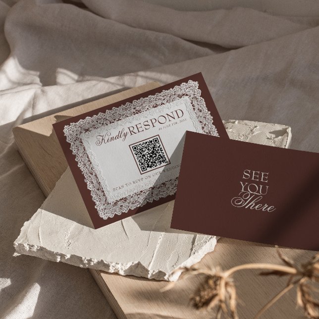 Chocolate Brown Lace Old Money QR Code Wedding RSVP Card (Creator Uploaded)