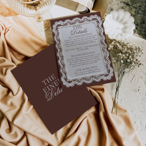 Chocolate Brown Lace Old Money Wedding Details Enclosure Card