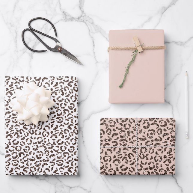 Chocolate Brown Leopard Glitter Blush Peach       Wrapping Paper Sheets (Front)