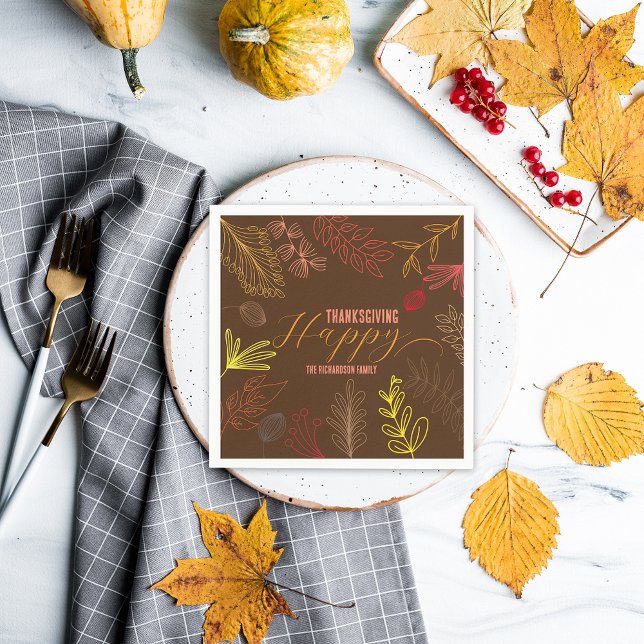 Chocolate Brown Line Art Fall Leaves Thanksgiving Napkins (Creator Uploaded)