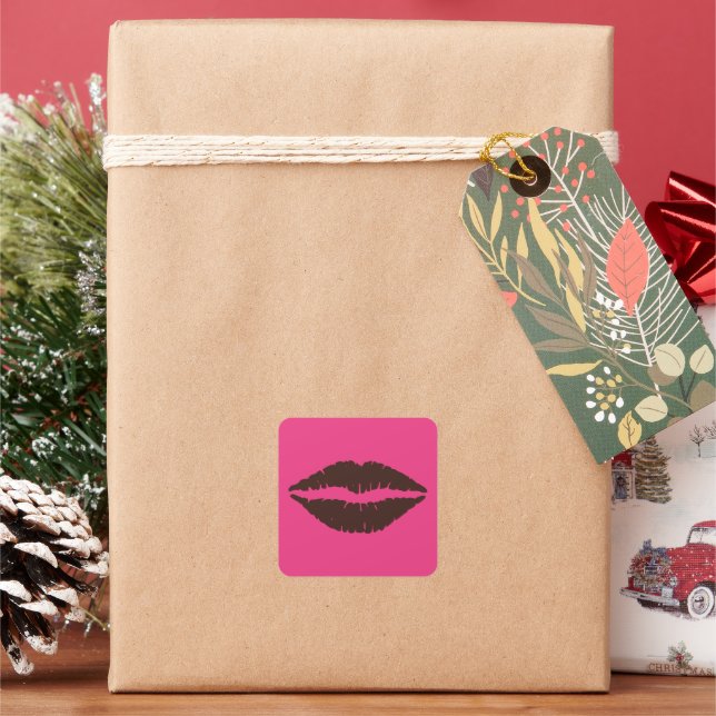 Chocolate Brown Lipstick Print Dark Pink Square Sticker (Holiday)