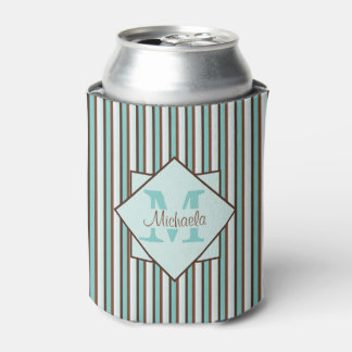 Chocolate Brown & Mint Green Stripes Monogram Can Cooler