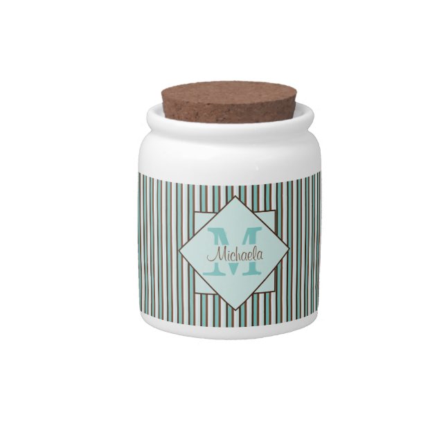 Chocolate Brown & Mint Green Stripes Monogram Candy Jar (Front)