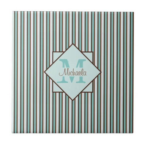 Chocolate Brown  Mint Green Stripes Monogram Ceramic Tile