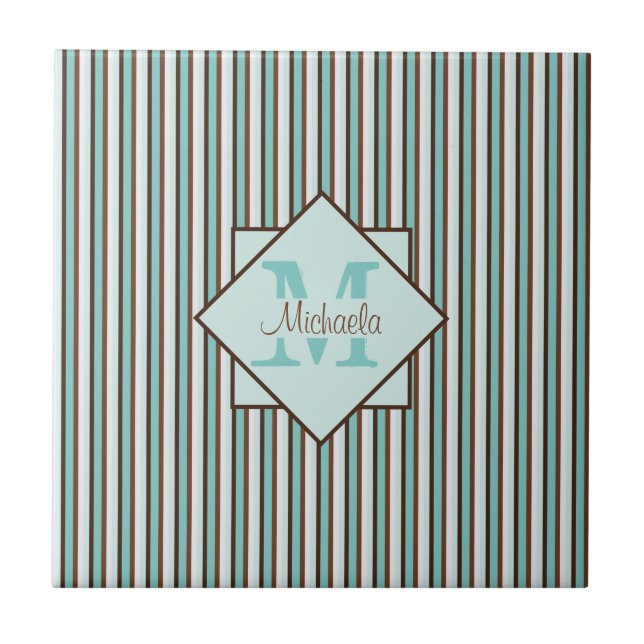 Chocolate Brown & Mint Green Stripes Monogram Ceramic Tile (Front)
