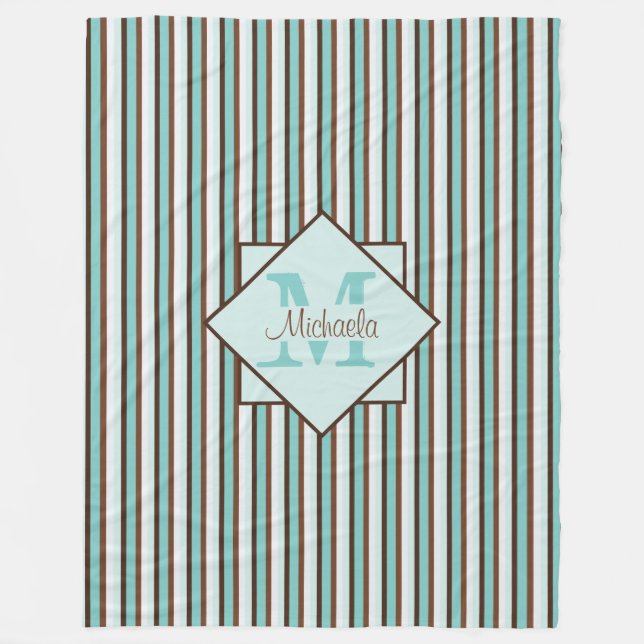 Chocolate Brown & Mint Green Stripes Monogram Fleece Blanket (Front)