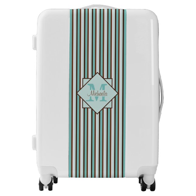 Chocolate Brown & Mint Green Stripes Monogram Luggage (Front)