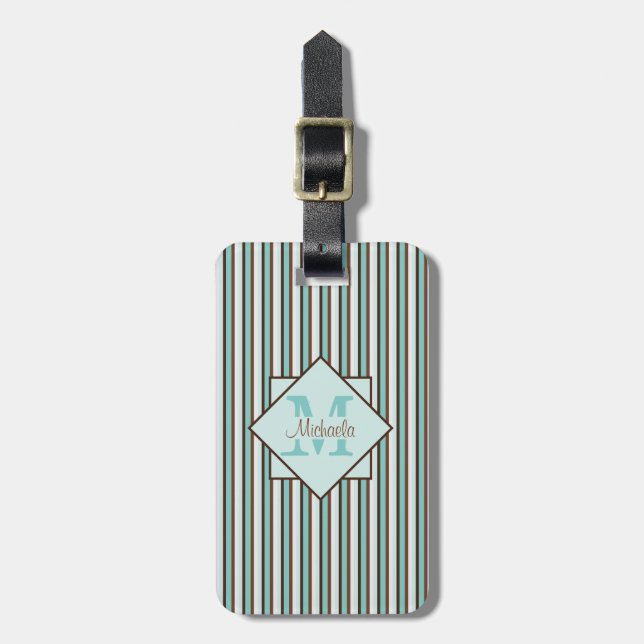 Chocolate Brown & Mint Green Stripes Monogram Luggage Tag (Front Vertical)