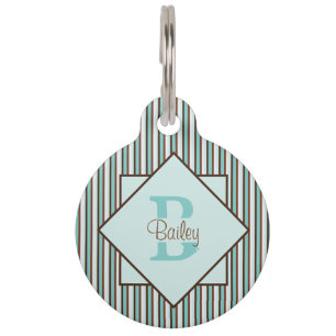 Chocolate Brown & Mint Green Stripes Monogram Pet ID Tag