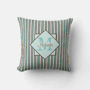 Chocolate Brown & Mint Green Stripes Monogram Throw Pillow