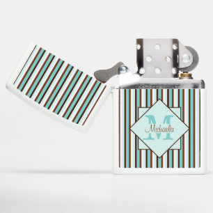 Chocolate Brown & Mint Green Stripes Monogram Zippo Lighter