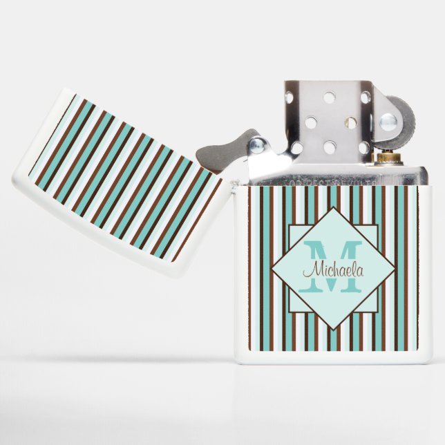 Chocolate Brown & Mint Green Stripes Monogram Zippo Lighter (Opened)