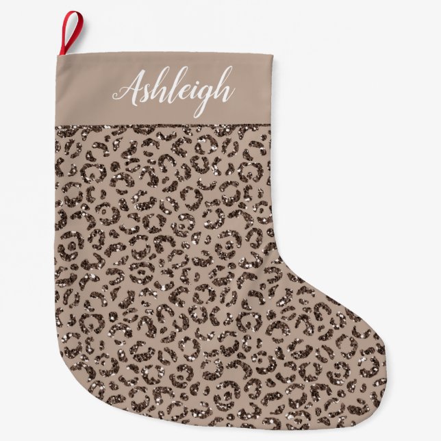 Chocolate Brown Mocha Cream Leopard Glitter Large Christmas Stocking (Front)