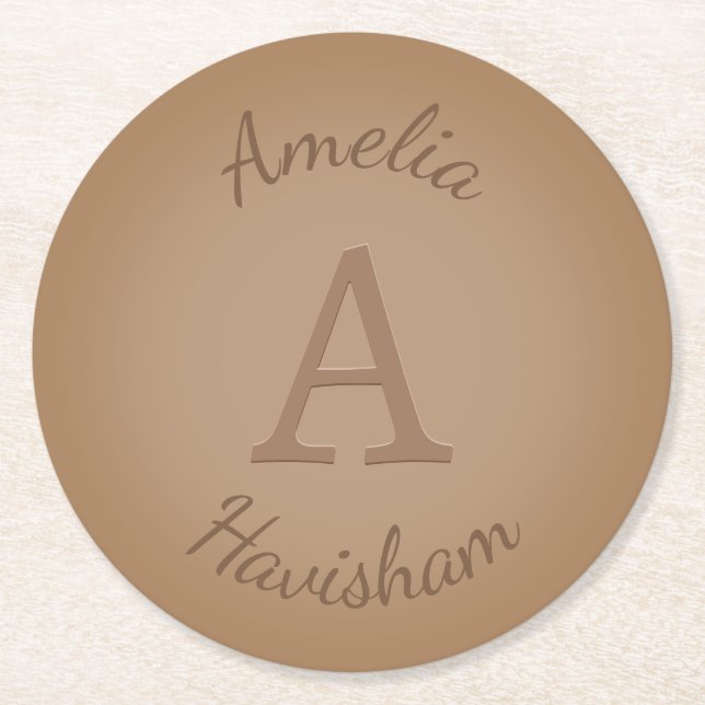 Chocolate Brown Monogram & Name Personalized Round Paper Coaster (Front)