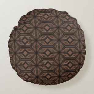 Chocolate Brown Mosaic Cotton Round Throw Pillow