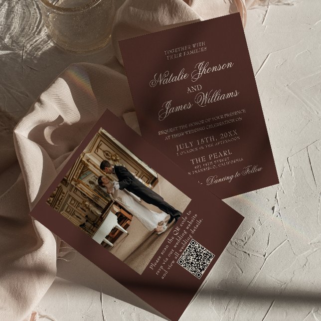 Chocolate Brown Old Money QR Code Photo Wedding Invitation (Creator Uploaded)