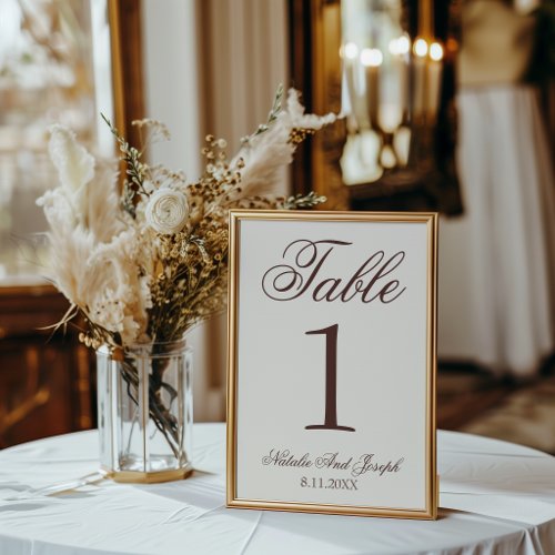 Chocolate Brown Old Money Wedding Table Number