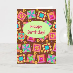 Chocolate Brown Patchwork Quilt Art Happy Birthday Card