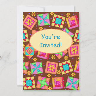 Chocolate Brown Patchwork Quilt Block Art Invitation