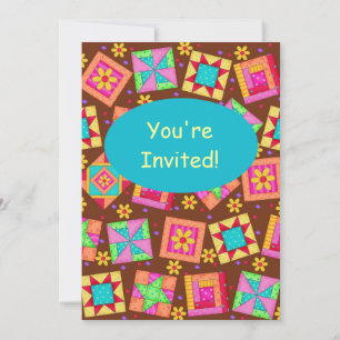 Chocolate Brown Patchwork Quilt Block Art Invitation