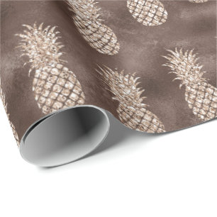 Chocolate Brown Peach Glitter Pineapples Wrapping Paper