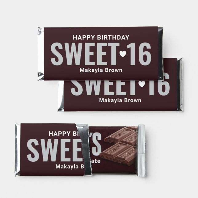 Chocolate Brown Personalized Sweet 16 Birthday Hershey Bar Favors (Front)