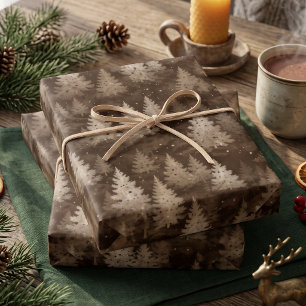Chocolate Brown Pine Forest Christmas Wrapping Paper Sheets