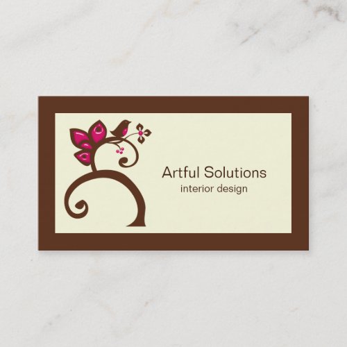 Chocolate Brown Pink Flowers Bird Business Card