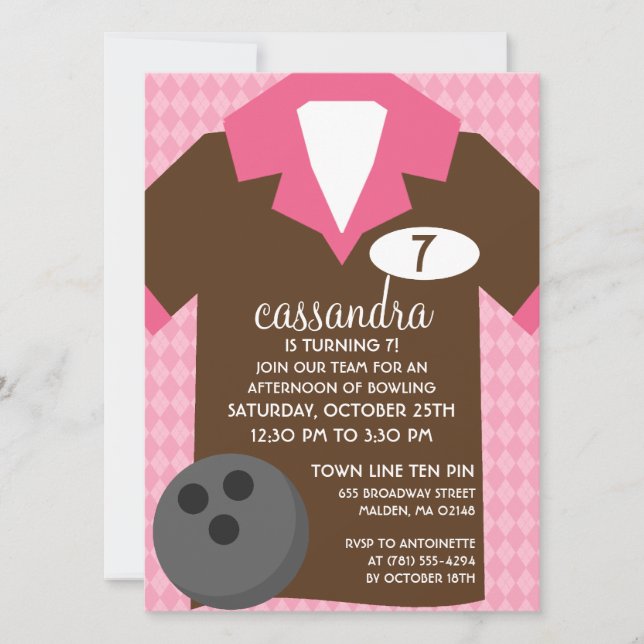 Chocolate Brown & Pink Join the Team Bowling Party Invitation (Front)