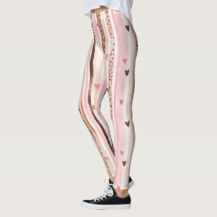 Chocolate Brown Pink Stripes Hearts Leggings