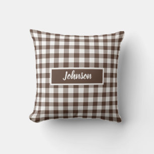 Chocolate Brown Plaid Gingham Customizable Throw Pillow