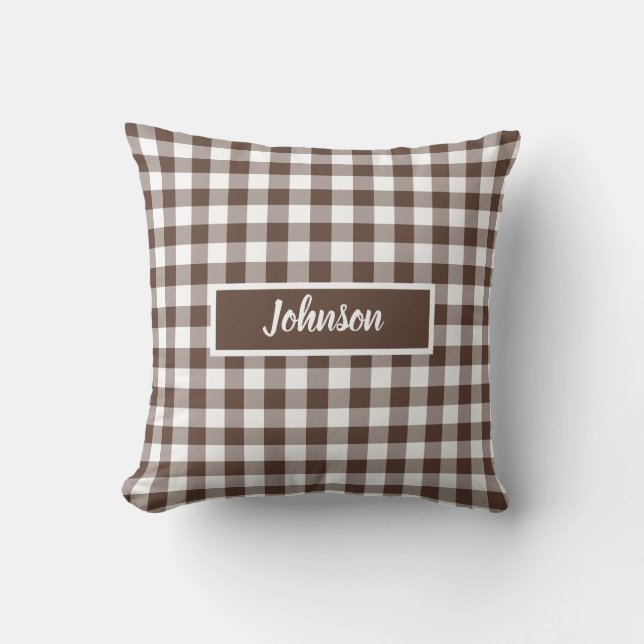 Chocolate Brown Plaid Gingham Customizable Throw Pillow (Front)