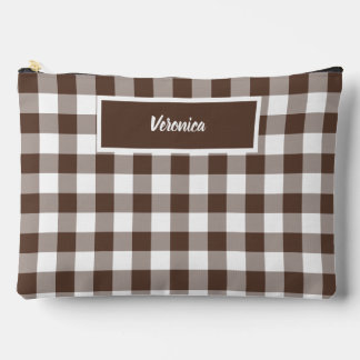 Chocolate Brown Plaid Gingham Personalized Accessory Pouch
