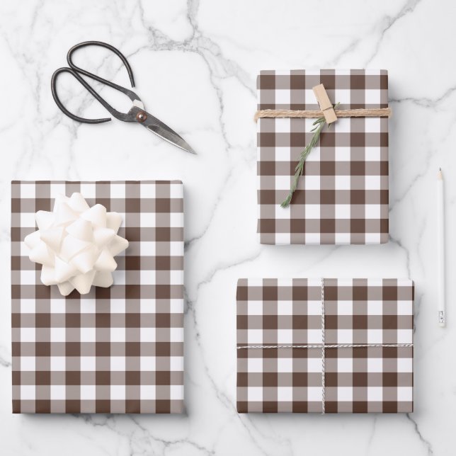 Chocolate Brown Plaid Gingham Wrapping Paper Sheets (Front)