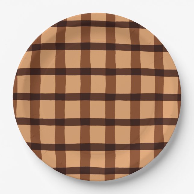 Chocolate Brown Plaid Paper Plates (Front)