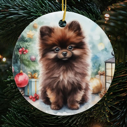 Chocolate Brown Pomeranian Puppy Christmas Ceramic Ornament