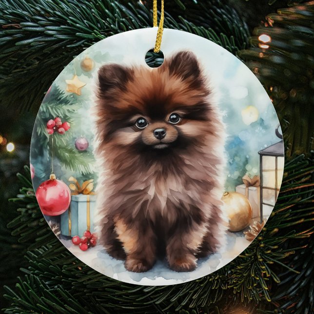 Chocolate Brown Pomeranian Puppy Christmas Ceramic Ornament (Creator Uploaded)