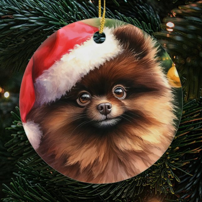 Chocolate Brown Pomeranian Watercolor Christmas Ceramic Ornament (Creator Uploaded)