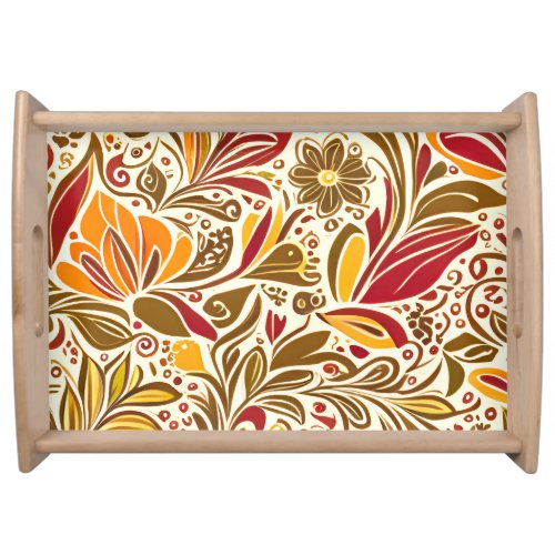 Chocolate Brown Red Abstract Floral Leave Pattern  Serving Tray