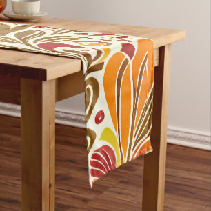 Chocolate Brown Red Abstract Floral Leaves Pattern Short Table Runner