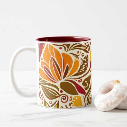 Chocolate Brown Red Abstract Floral Leaves Pattern Two_Tone Coffee Mug